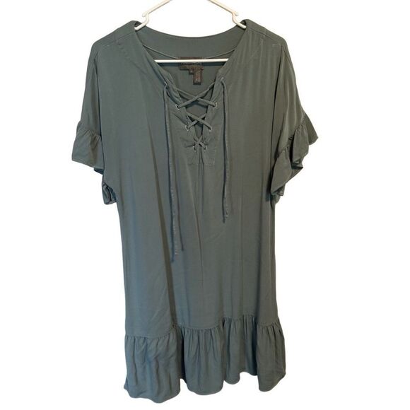 MICHAEL STARS ANTHROPOLOGIE- Ruffled Hem Dress Sea Foam Lace Up Shift, Size Lg - Picture 3 of 12